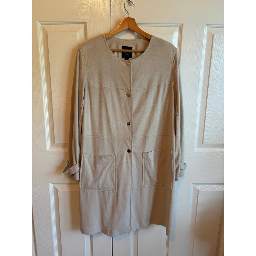 Insight New York Women Tan Faux Suede Longline Jacket Button Front Beige Size 12